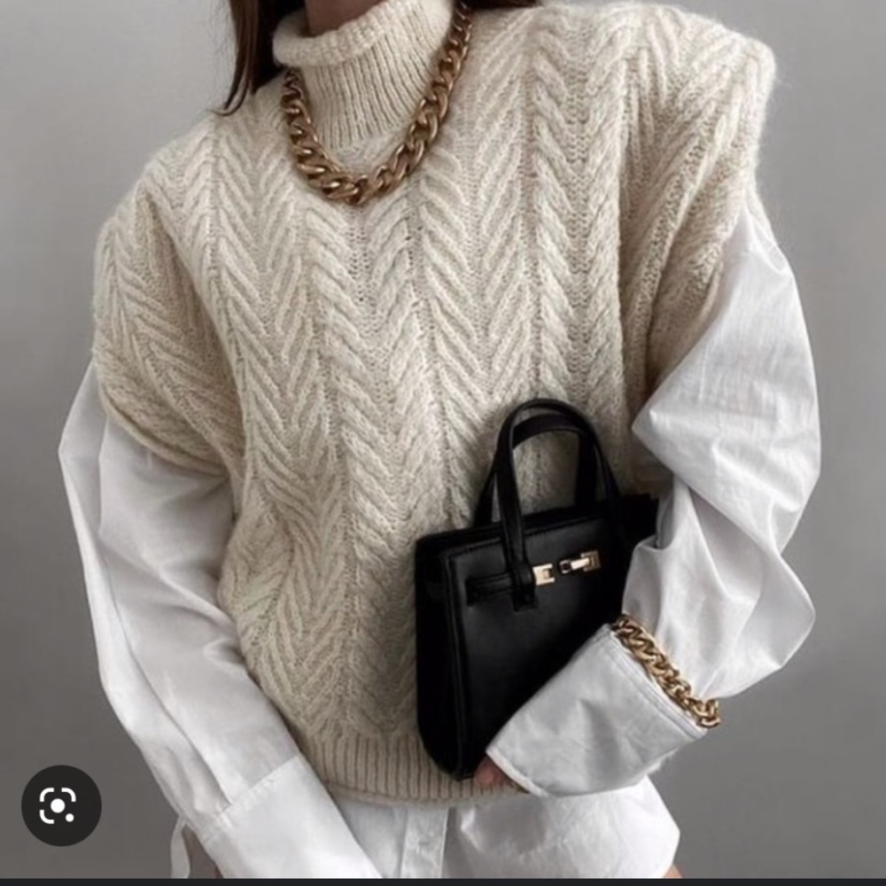 MANGO Herringbone Gilet Knit Sweater Shoulder Puff High Collar